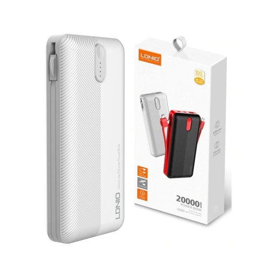 POWER BANK LDNIO PL2014 COM MICRO TIPO C E PORTA DE ILUMINAÇÃO 74WH 20000MAH CINZA BRANCO 